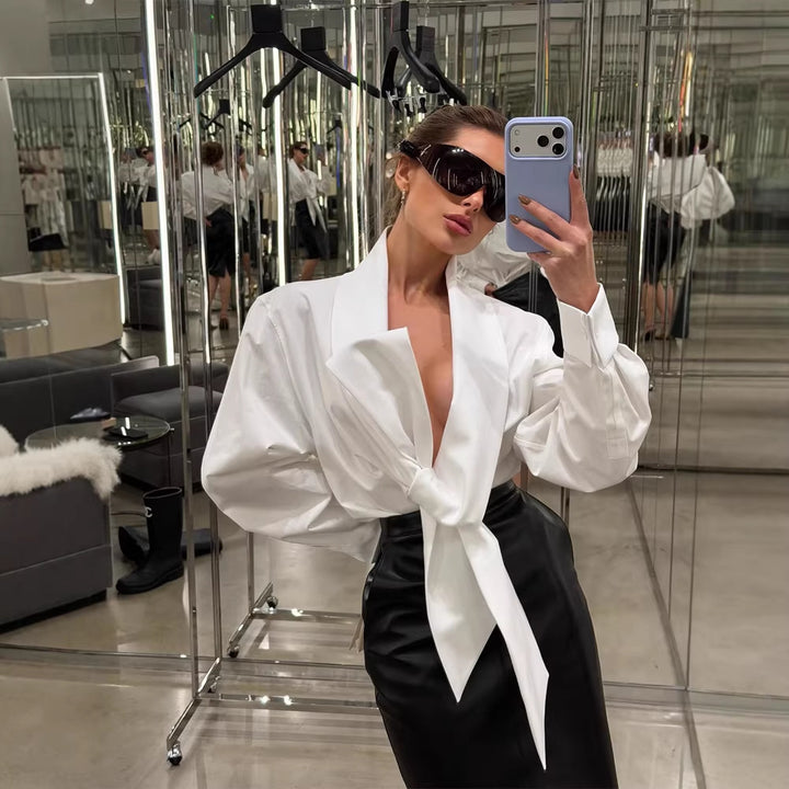 Women Tailored Blouse with XXL Volume Sleeves and Front Knot Amarae