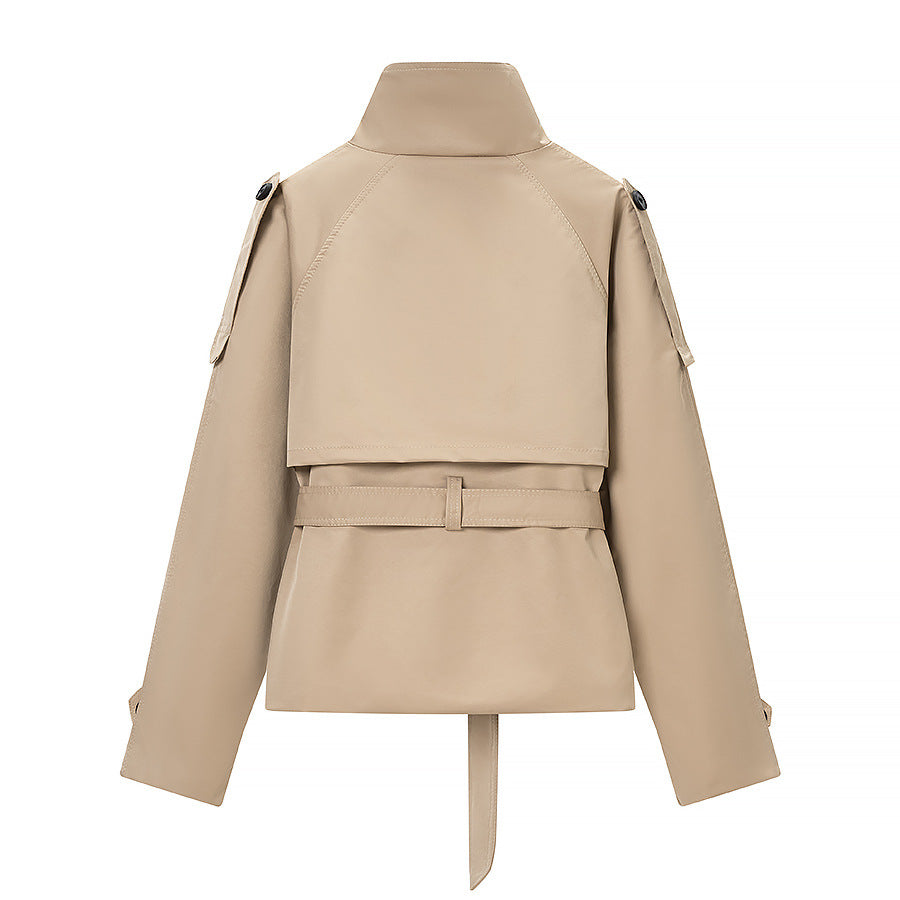 Women's Short Tailored Trench Coat with High Stand Collar and Tie Belt Amarae