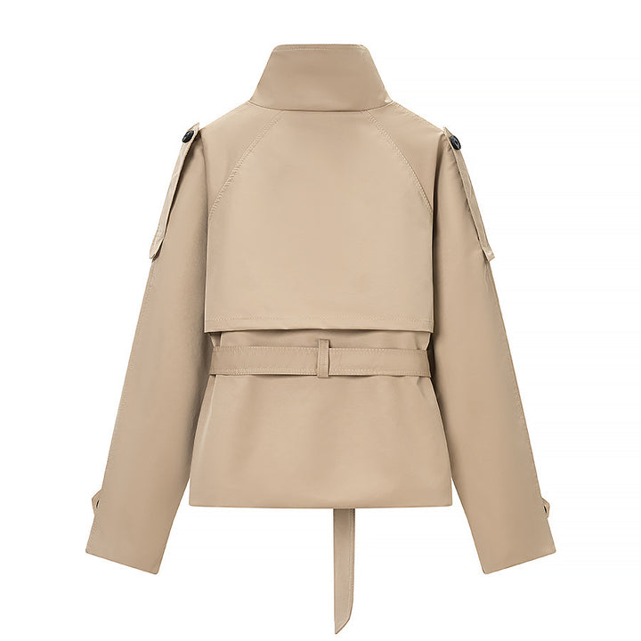Women's Short Tailored Trench Coat with High Stand Collar and Tie Belt Amarae