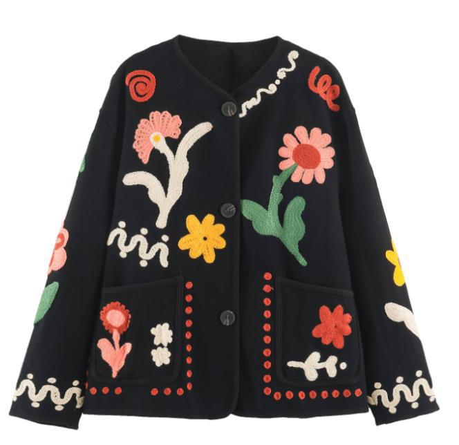 Women's embroidered boxy jacket with floral application and patch pockets Amarae
