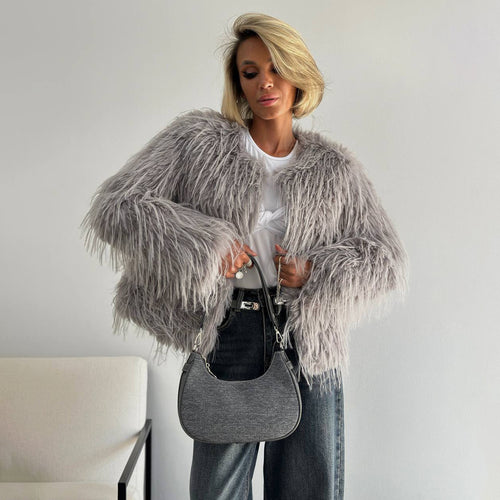 Ladies Faux Fur Jacket with Wide Sleeves and Relaxed Fit Amarae