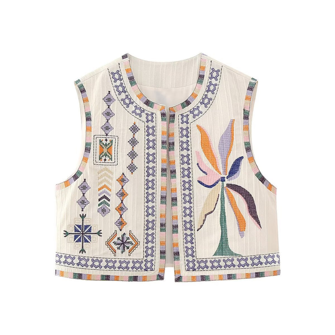 Ladies embroidered sleeveless Boho vest with folkloric motifs and open front Amarae