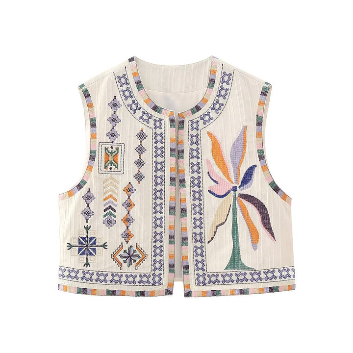 Ladies embroidered sleeveless Boho vest with folkloric motifs and open front Amarae