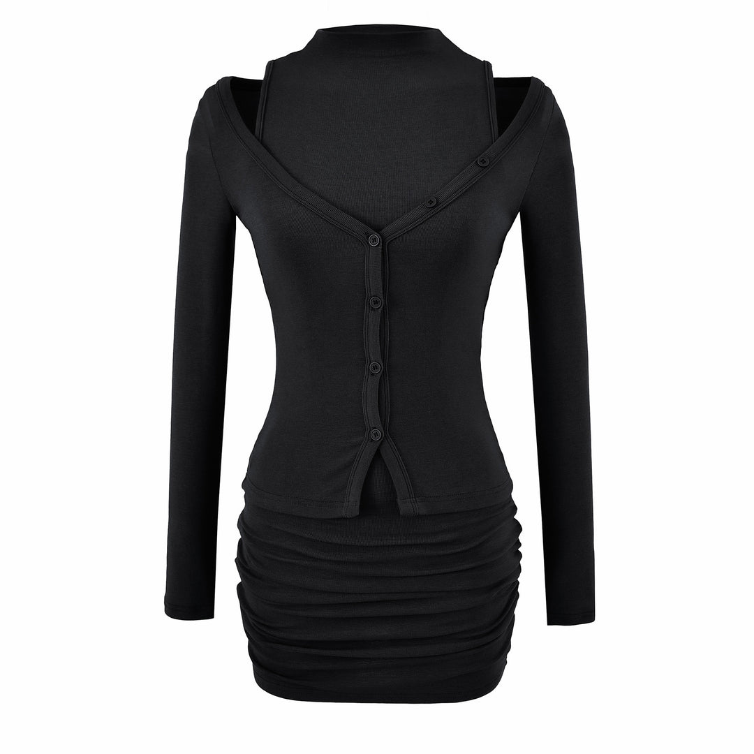 Ladies two-piece knit set with integrated high neck vest and asymmetric button cardigan Amarae