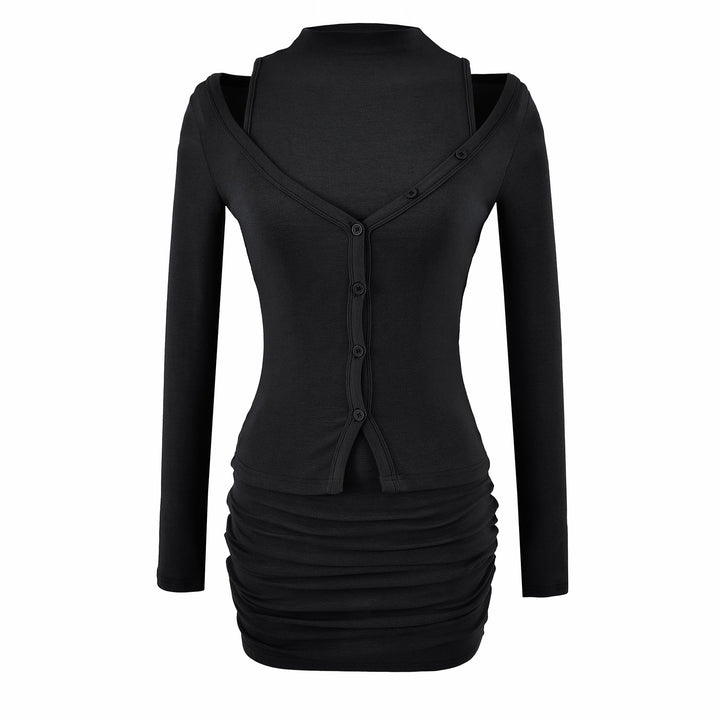 Ladies two-piece knit set with integrated high neck vest and asymmetric button cardigan Amarae