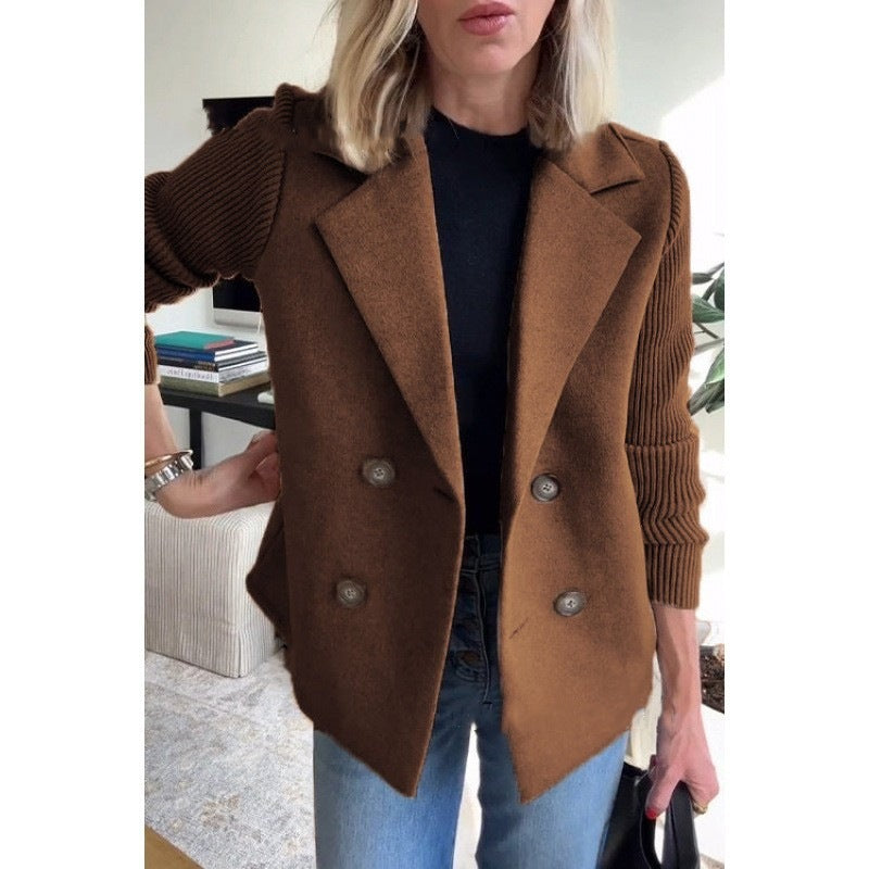 Women's Double-breasted Blazer Vest with Wide Lapels and Ribbed Knit Sleeves Amarae