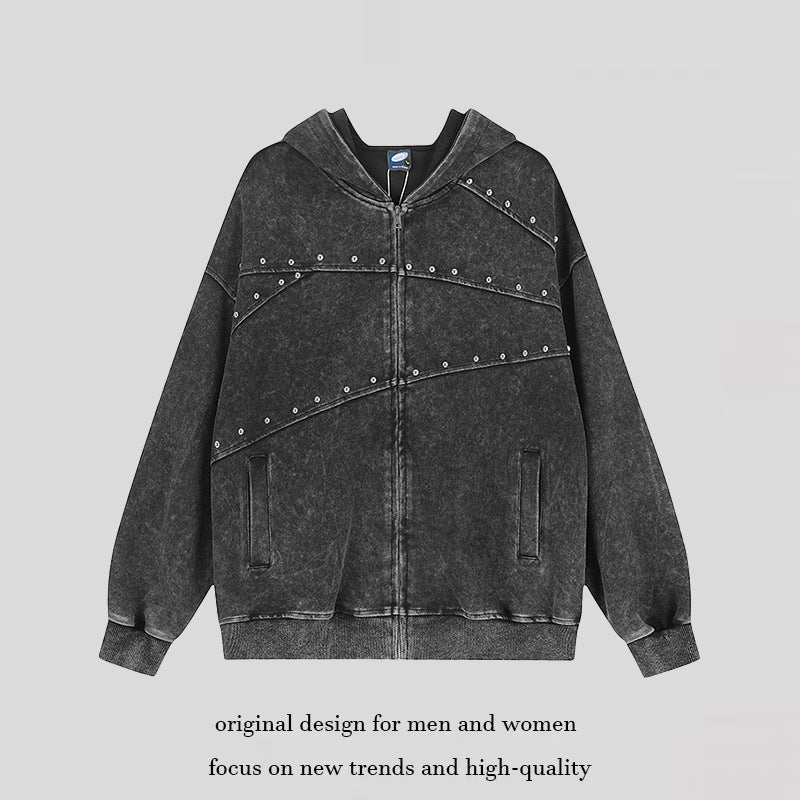 Women's oversized hoodie sweatshirt jacket in used look with stud decoration and full-length zipper Amarae