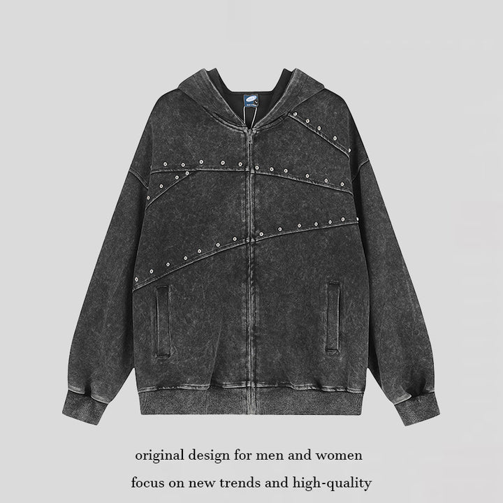 Women's oversized hoodie sweatshirt jacket in used look with stud decoration and full-length zipper Amarae