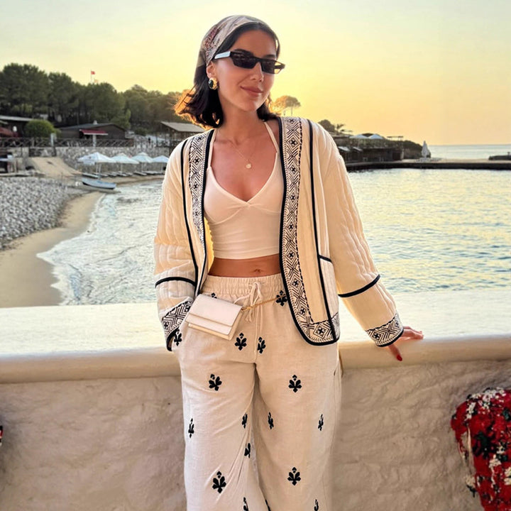 Women Quilted Kimono Cardigan with Geometric Embroidery Amarae