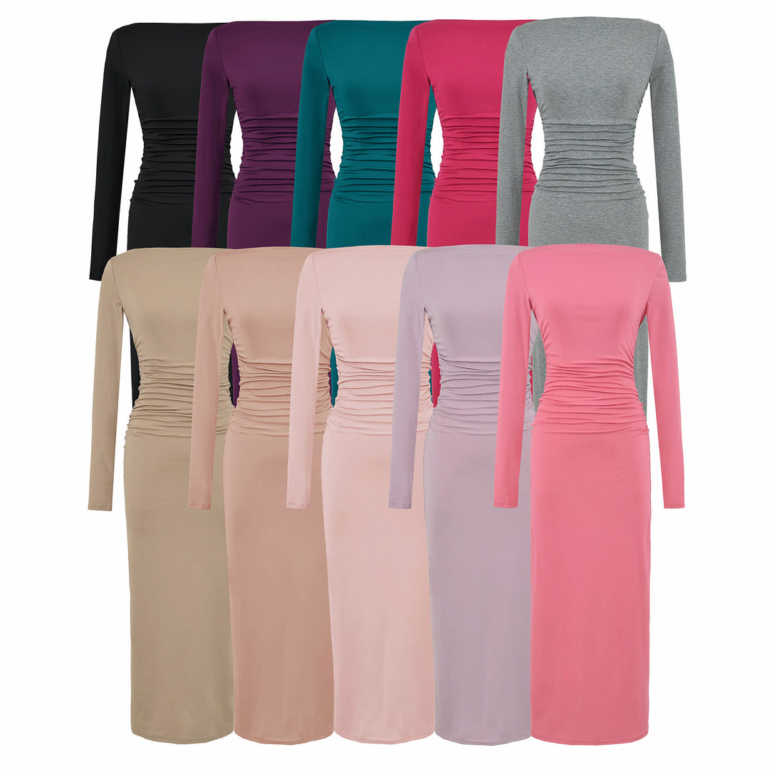 Women One-Shoulder Midi Dress with Long Sleeve and Side Gathering Amarae