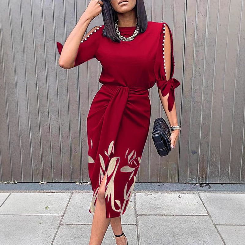 Mid-length dress for women with floral details and an elegant slit Lune London