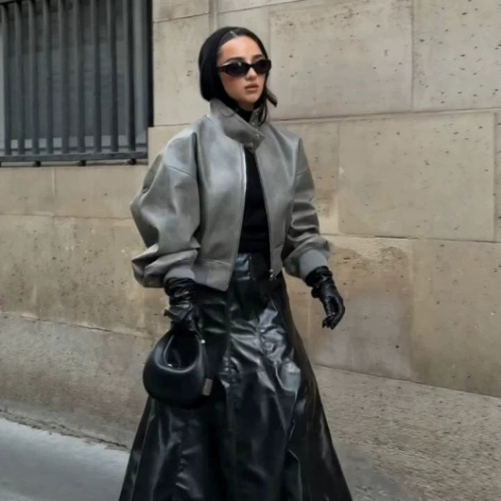 Women Short Oversized Faux Leather Bomber with High Stand-Up Collar and Snap Button Details Amarae