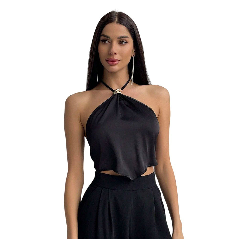 Haut élégant à encolure halter pour femmes avec tissu brillant et nœud décoratif Chic & Stil