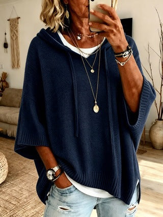 Ladies Oversized Knit Poncho with Hood, Batwing Sleeves and Side Slits Amarae