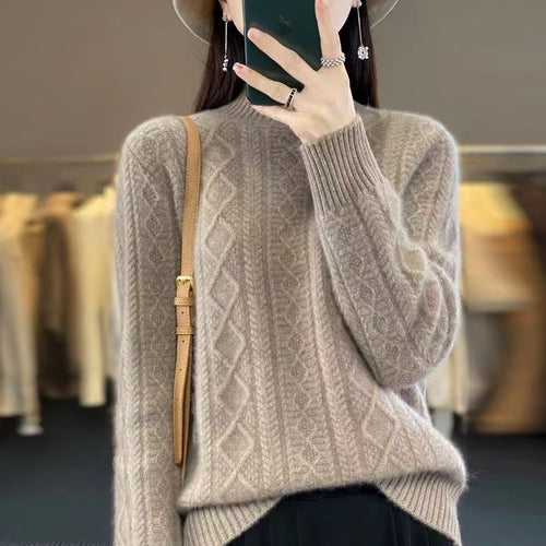 High-quality knitted pullover for women with a turtleneck and cable design Amarae