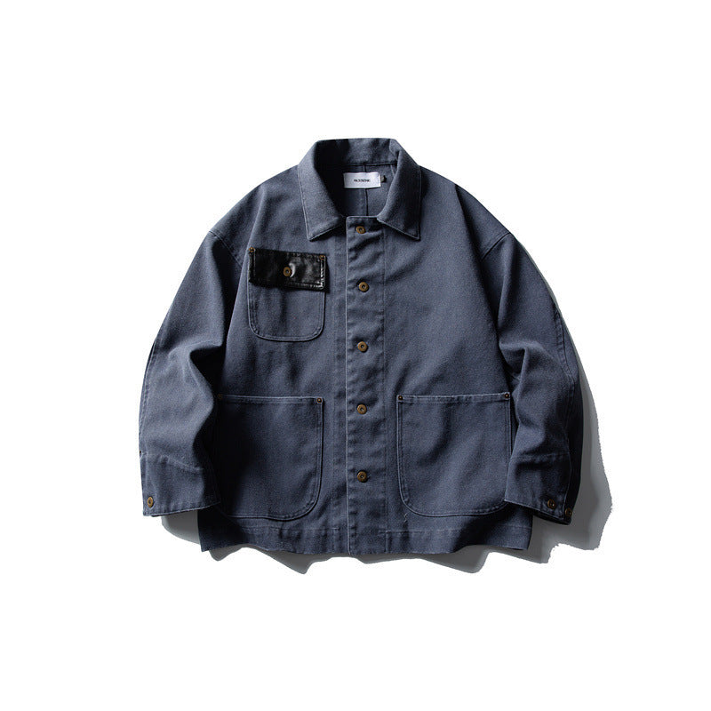 Unisex Boxy-Canvas-Worker-overshirt jacket with leather patch and patch pockets Amarae