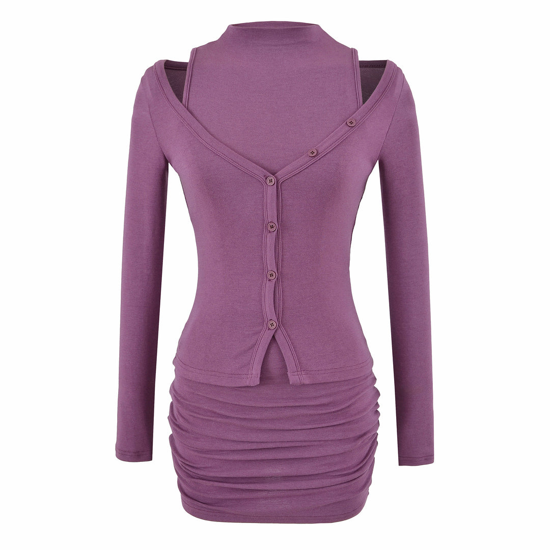 Ladies two-piece knit set with integrated high neck vest and asymmetric button cardigan Amarae