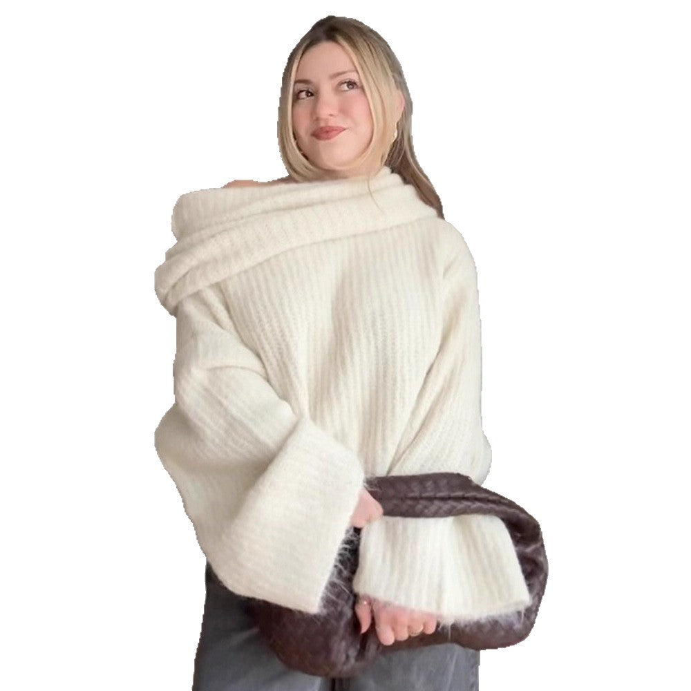 Women's Oversize Off-Shoulder Ribbed Knit Sweater with Wide Bell Sleeves Amarae