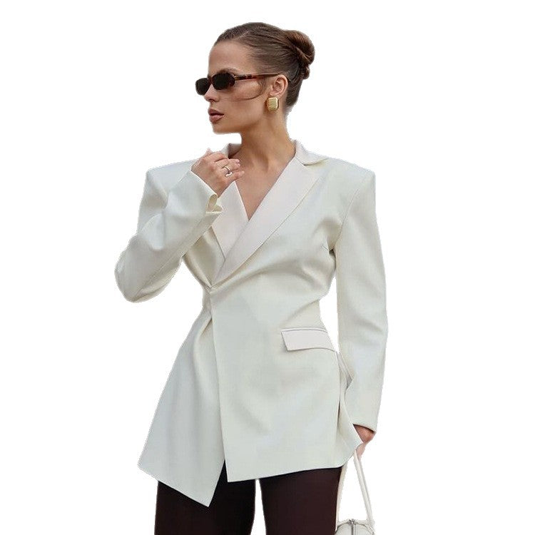 Women Sculptural Tailored Blazer with Asymmetric Front and Accentuated Shoulder Amarae