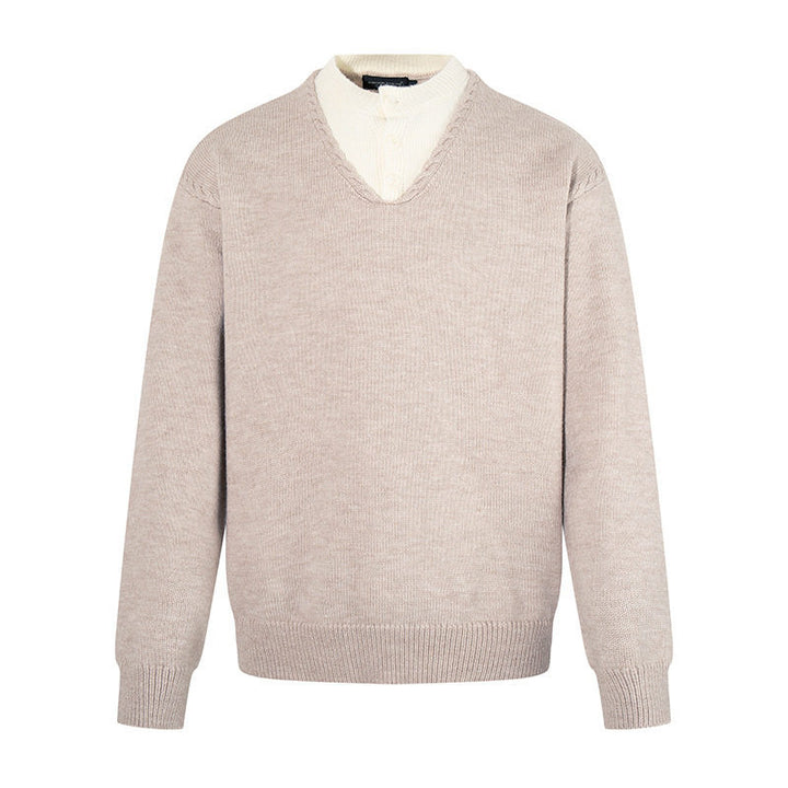 Men's Fine V-Neck Sweater with Layered Look and Stand-Up Collar Inner Part Amarae