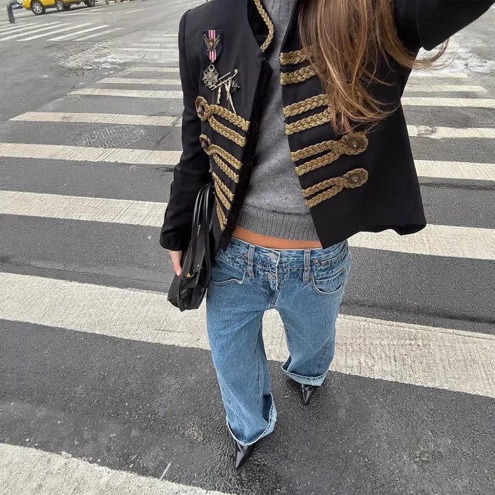 Women's short military-inspired jacket with golden decorative cord and stand-up collar Amarae