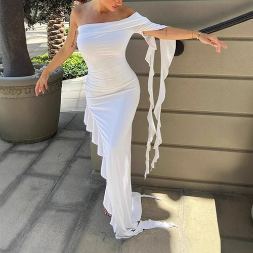 Ladies Elegant Maxi Dress Off-Shoulder with Asymmetrical Hem and Chic Ruffle Details Style