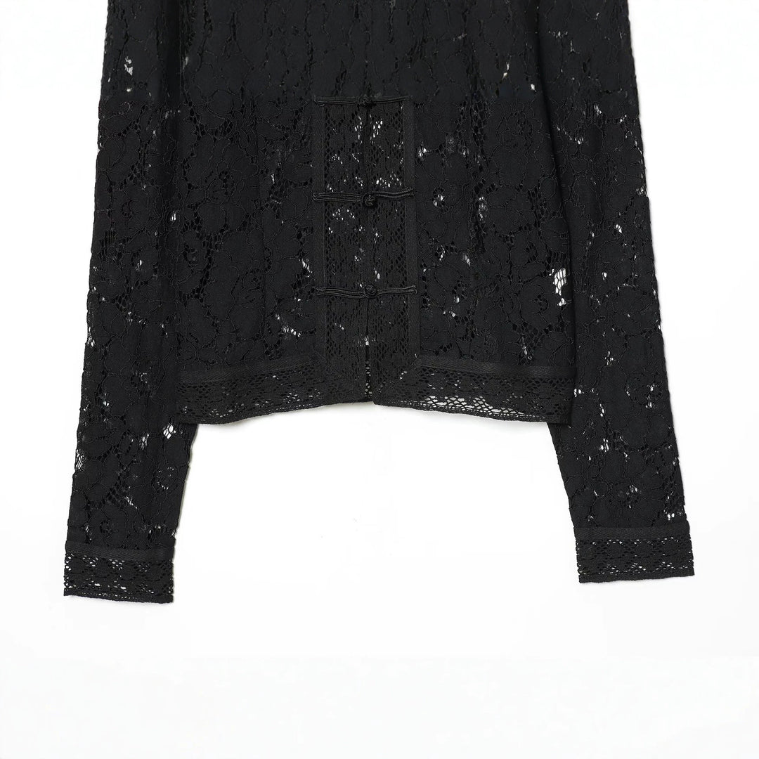 Women's lace jacket with mandarin collar and decorative frog closures Amarae