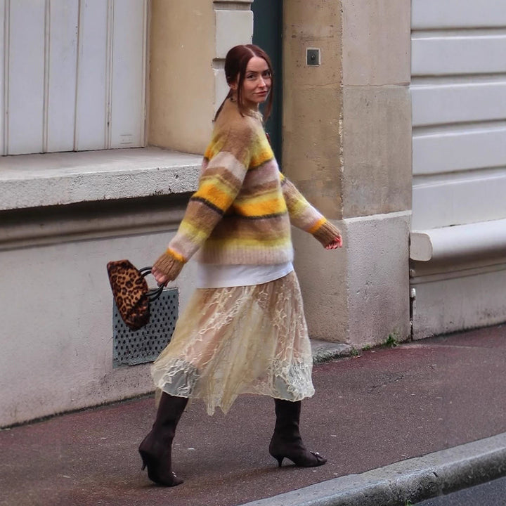 Women's Cozy Striped Sweater made of fluffy Mohair mix with round neckline and oversized silhouette