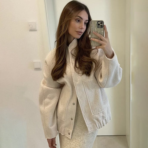Oversized knit jacket for women in soft teddy fabric with a high collar and side pockets Amarae
