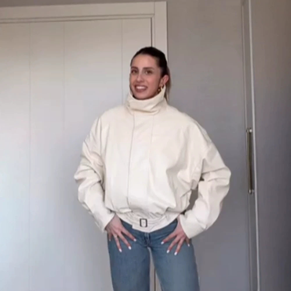 Women Oversize Short Jacket with High Standing Collar, Padded Silhouette and Adjustable Belt Amarae