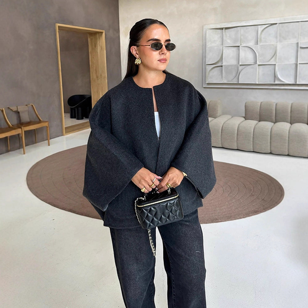 Women's Short Wool Blend Cape Jacket with Oversized Trumpet Sleeves Amarae