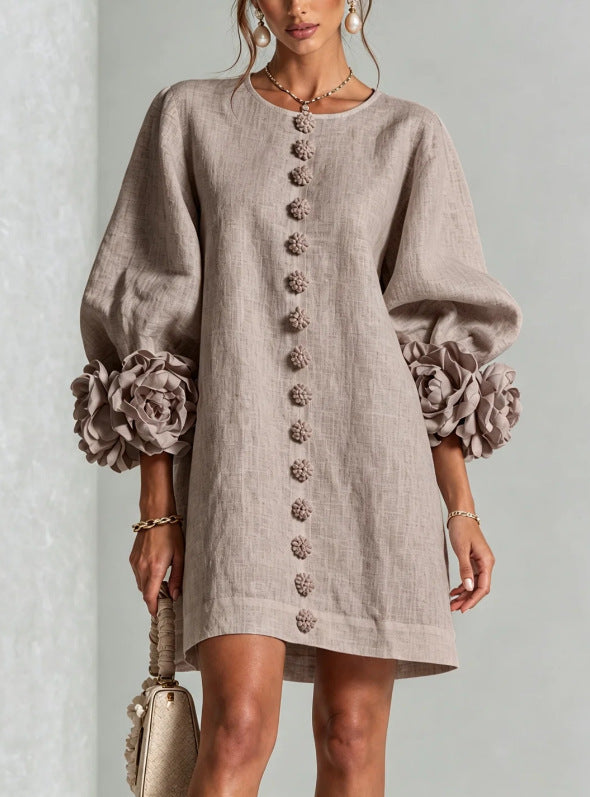 Ladies linen dress in A-line cut with balloon sleeves and 3D flower decoration Amarae