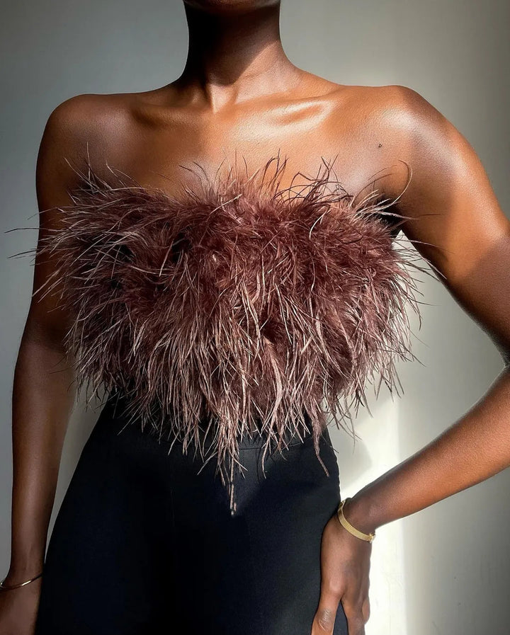 Women's Glamorous Plush Top with Removable Straps and Fringed Details Lune London