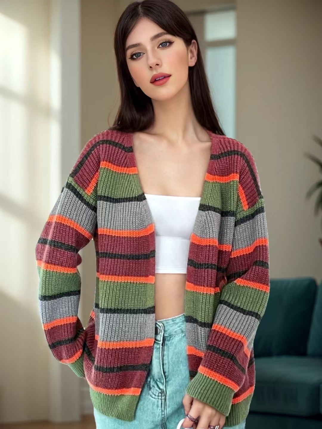 Knitted jacket for women with colorful striped pattern and relaxed fit Lune London