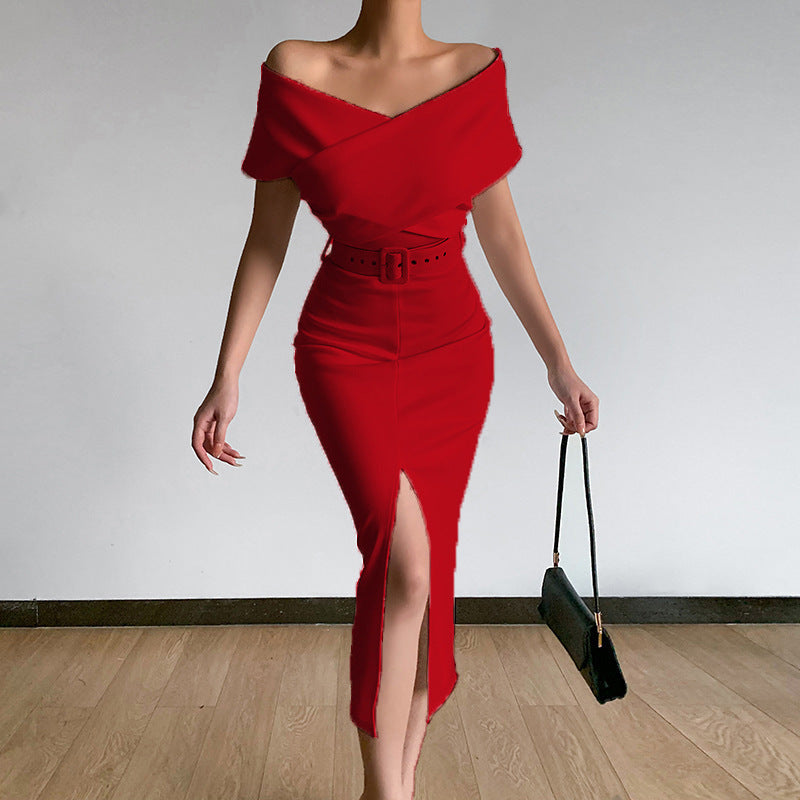 Midi dress for women fitted with bardot neckline and side slit Lune London