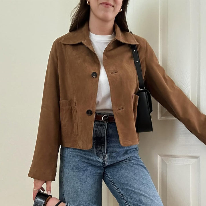 Women Short Cut Suede Jacket with Shirt Collar and Patch Pockets Amarae