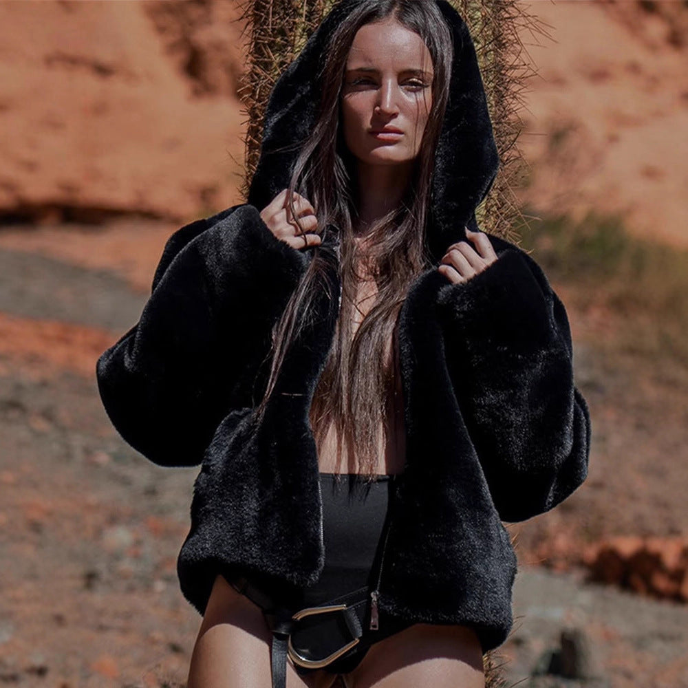 Women's Short Teddy Faux Fur Bomber Jacket with Hood, Wide Ribbed Hem and Two-Way Zipper Amarae