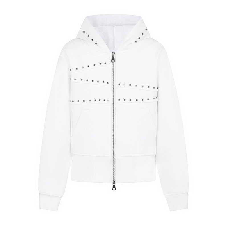 Women's hooded sweat jacket with studded accents, full-length zipper, and kangaroo pockets Amarae