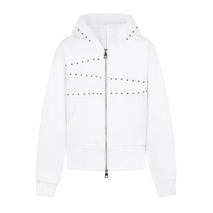 Women's hooded sweat jacket with studded accents, full-length zipper, and kangaroo pockets Amarae