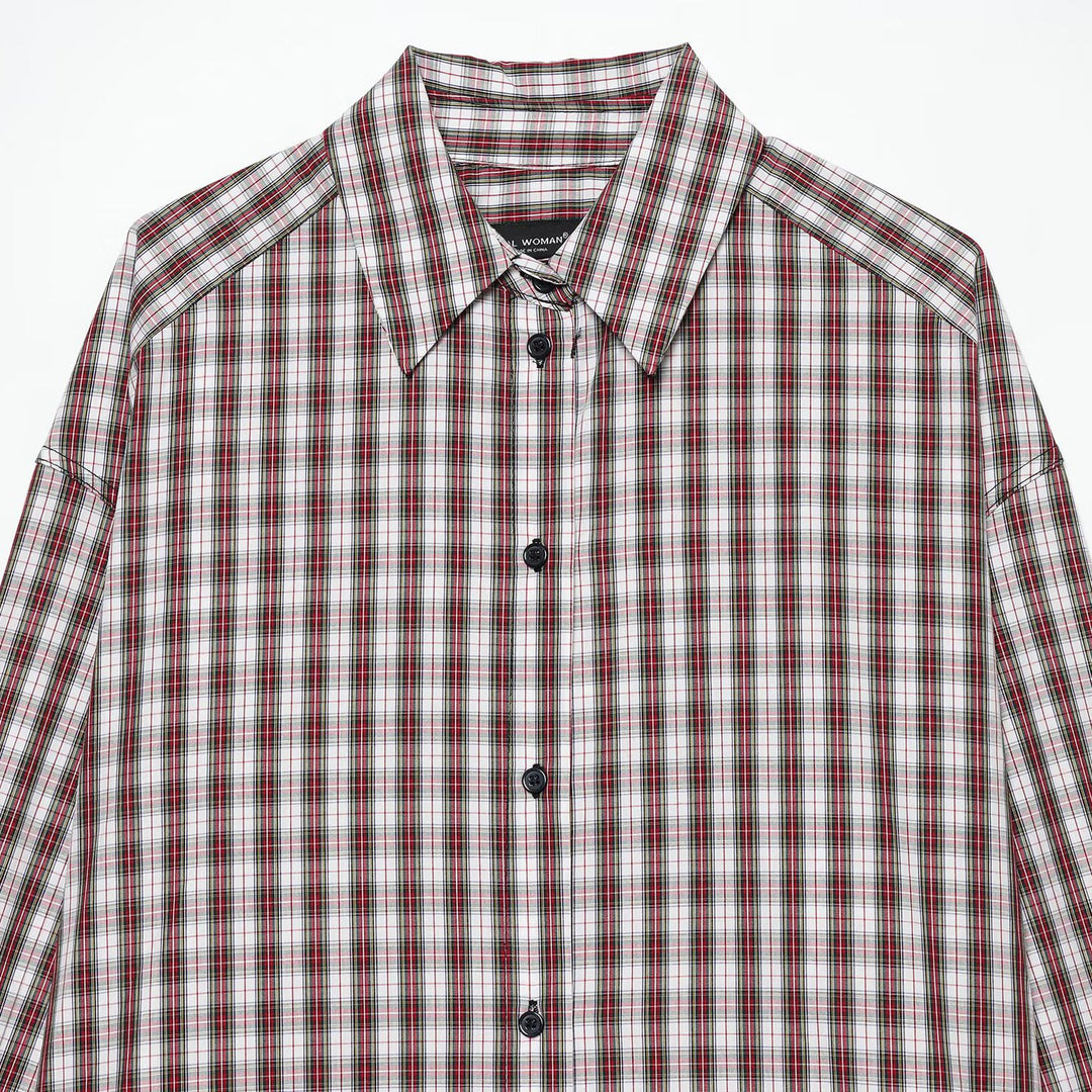 Women's Plus Size Checkered Shirt with Collar and Round Hem