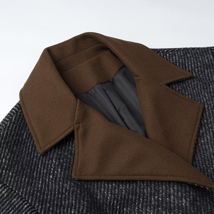 Women Long Wool Herringbone Coat with Tie Belt and Large Notched Collar Amarae