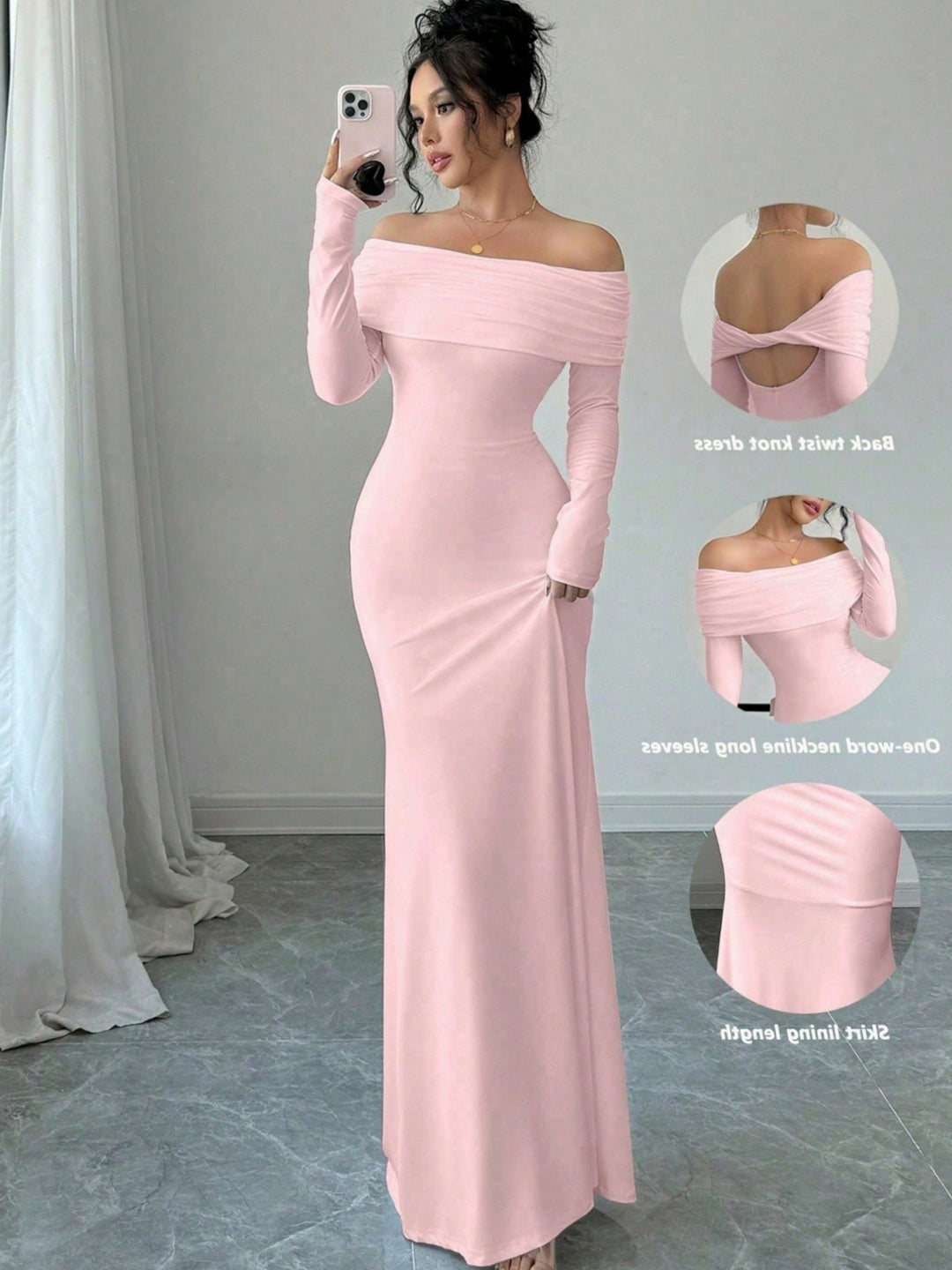 Maxi festive dress for women with off-shoulder neckline and fitted cut Lune London