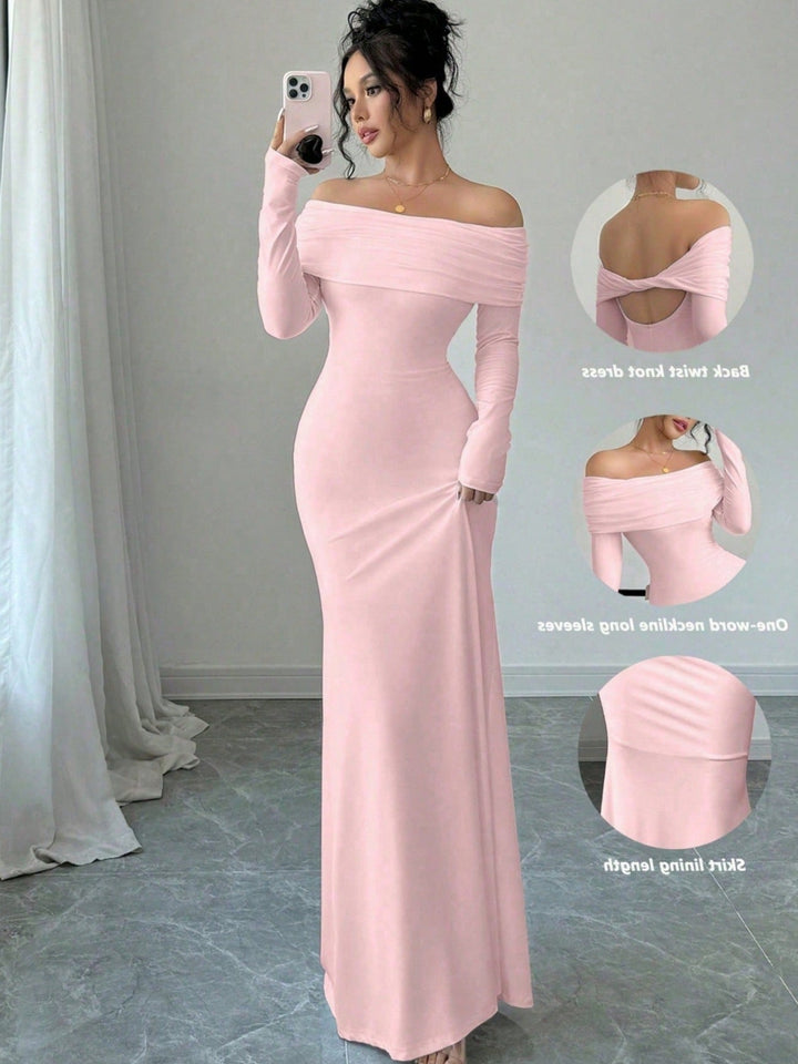 Women's Elegant and Fitted Off-Shoulder Maxi Dress with Long Sleeves Lune London