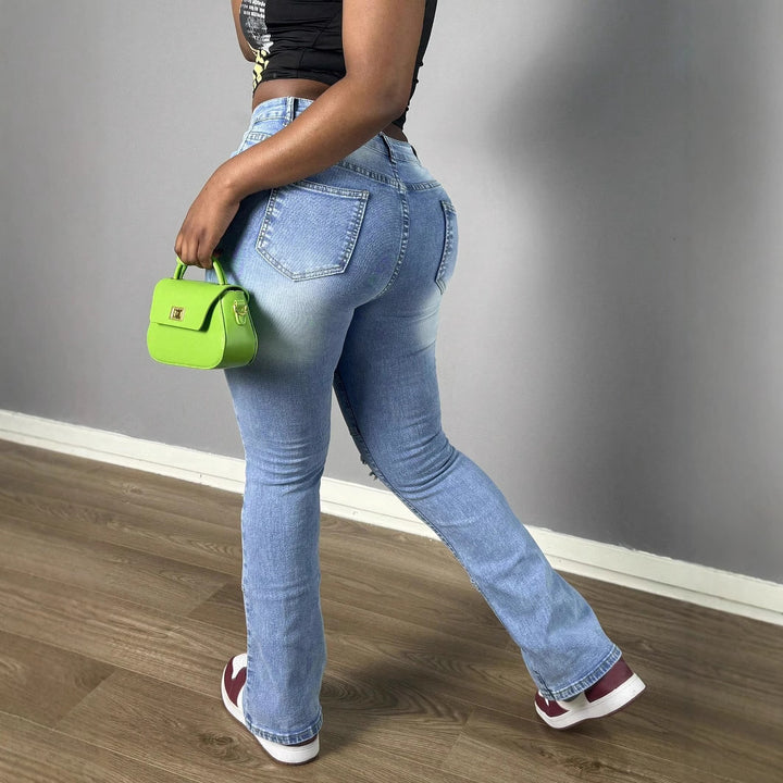 Women High-Waisted Distressed Flared Jeans with Panel Seams Amarae