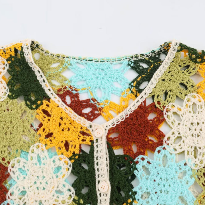 Women's Lightweight Crochet Cardigan with Floral Crochet Patterns and Button Placket Amarae