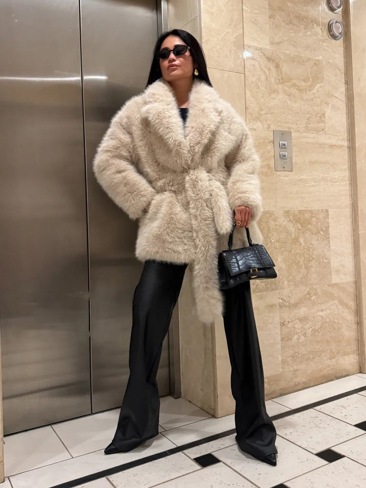 Women Boxy Short Coat made of extra fluffy high pile with wrap belt Amarae