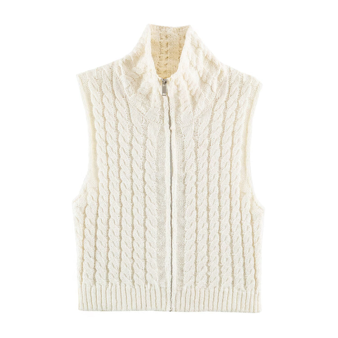 Women Sleeveless Cable Knit Vest with Stand-Up Collar and Full Zipper Amarae