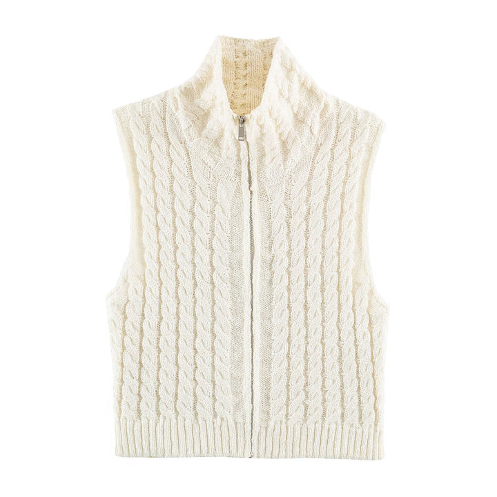 Women Sleeveless Cable Knit Vest with Stand-Up Collar and Full Zipper Amarae