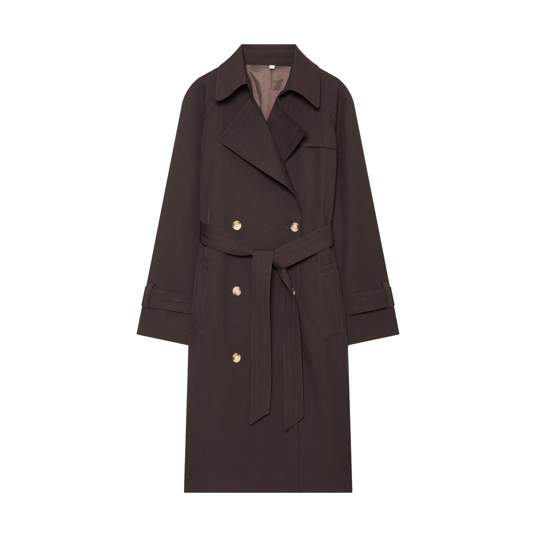 Women Mid-length Double-breasted Trench Coat with Wide Lapels and Waist Tie Belt Amarae