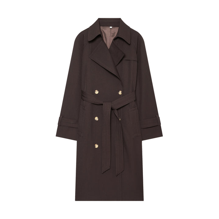 Women Mid-length Double-breasted Trench Coat with Wide Lapels and Waist Tie Belt Amarae